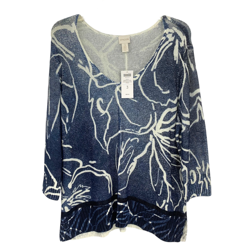 NWT Chico's Miranda Pullover Sweater Size 3 XL Blue White Tropical Print Cotton - Picture 2 of 6
